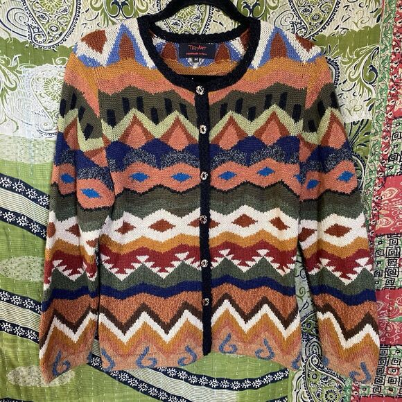 NWOT Rare Tey Art Alpaca Wool Blend Multicolored Knit Cardigan Size Medium - Picture 1 of 15